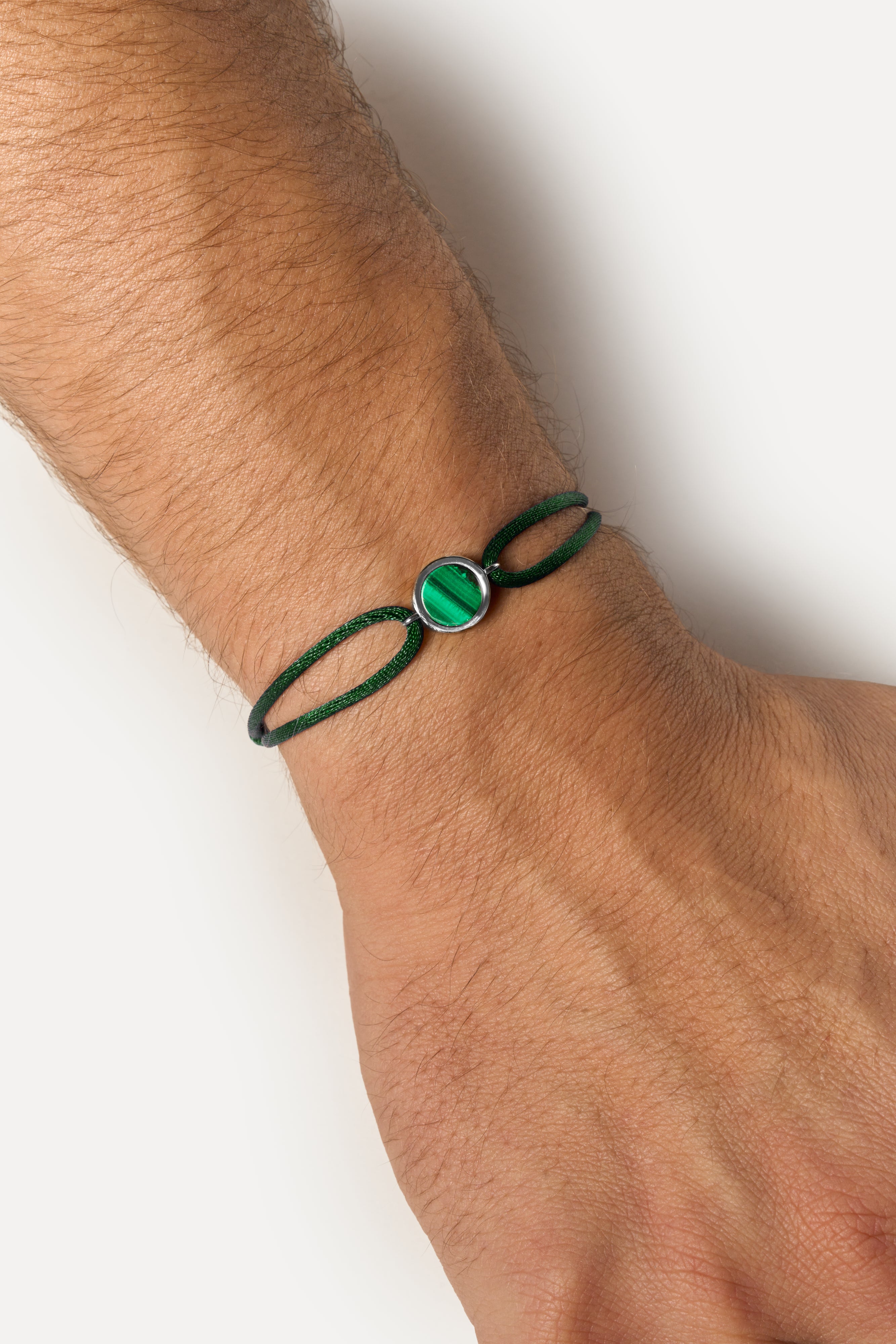 Pulsera de Cordón – Orbe de Malaquita (Plata)